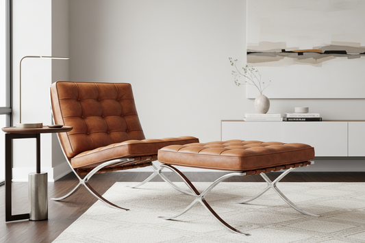 Barcelona Designer Chair & Ottoman Genuine Leather Iconic Style Tan Brown Black White