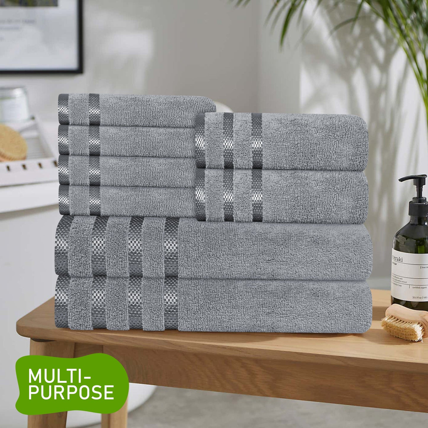 Belmonth Silver Stripe Viscose Towels 100% Cotton Hotel Quality Super Absorbent 10 Piece Bale Set, 4 Hand Towel & 12 Face Cloths by OLIVIA ROCCO