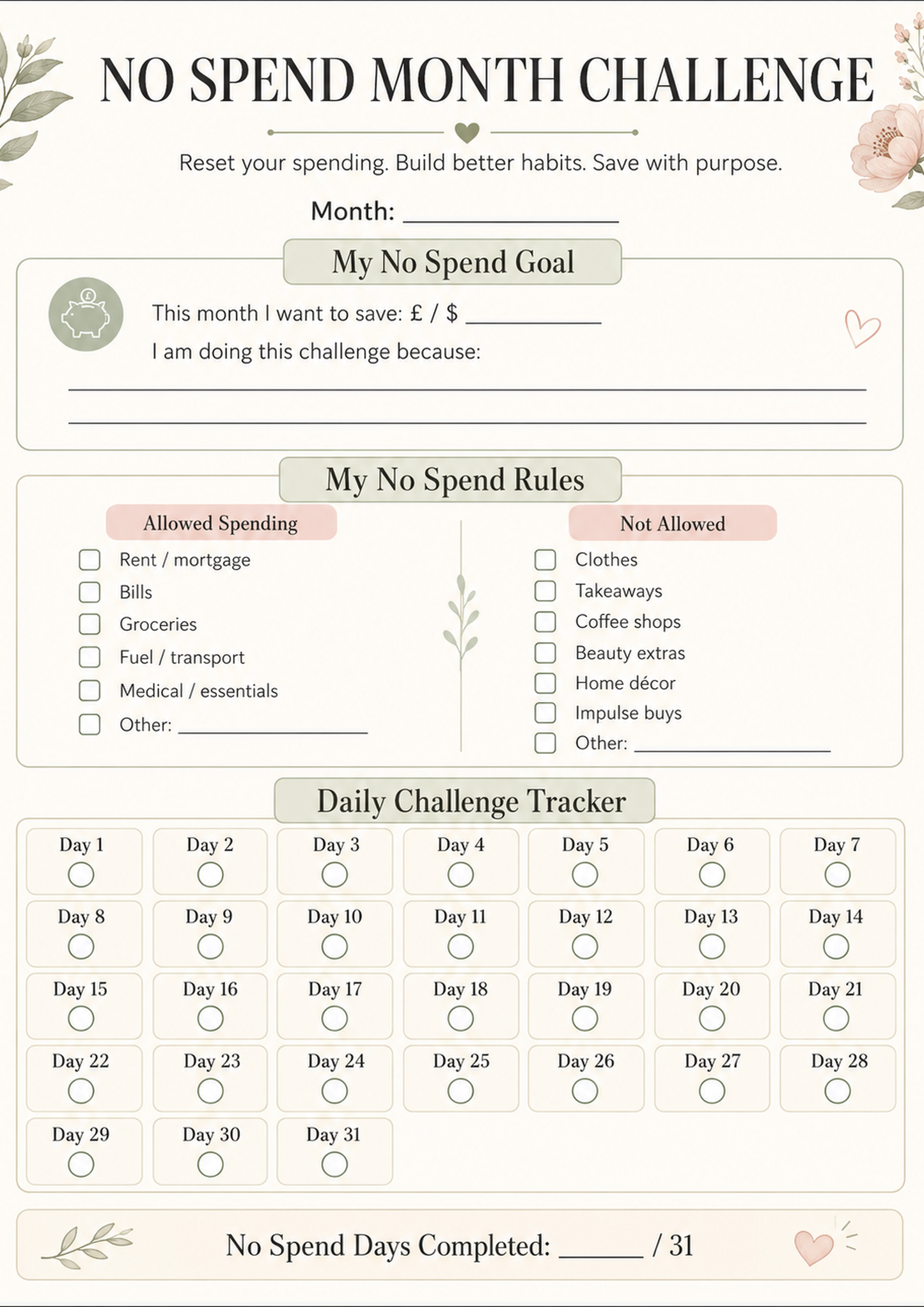 Botanical No Spend Month Challenge Tracker Printable, 31 Day No Spend Planner, Money Saving Challenge PDF, Budget Tracker Digital Download
