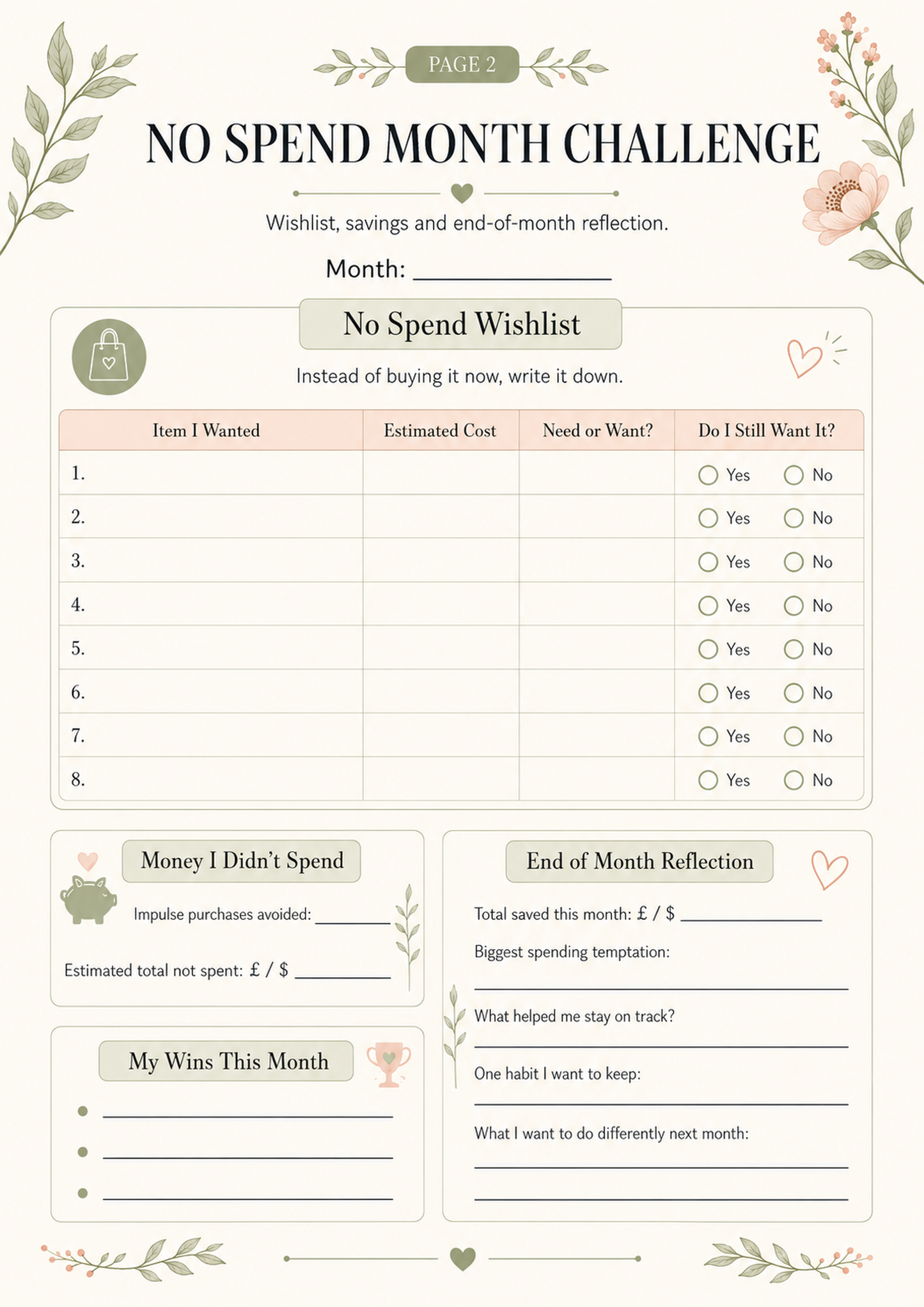 Botanical No Spend Month Challenge Tracker Printable, 31 Day No Spend Planner, Money Saving Challenge PDF, Budget Tracker Digital Download
