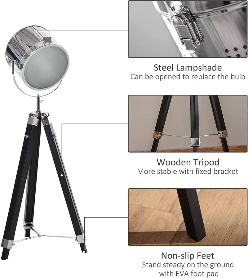 Statement Tripod Floor Lamp Industrial Design Argent 110cm