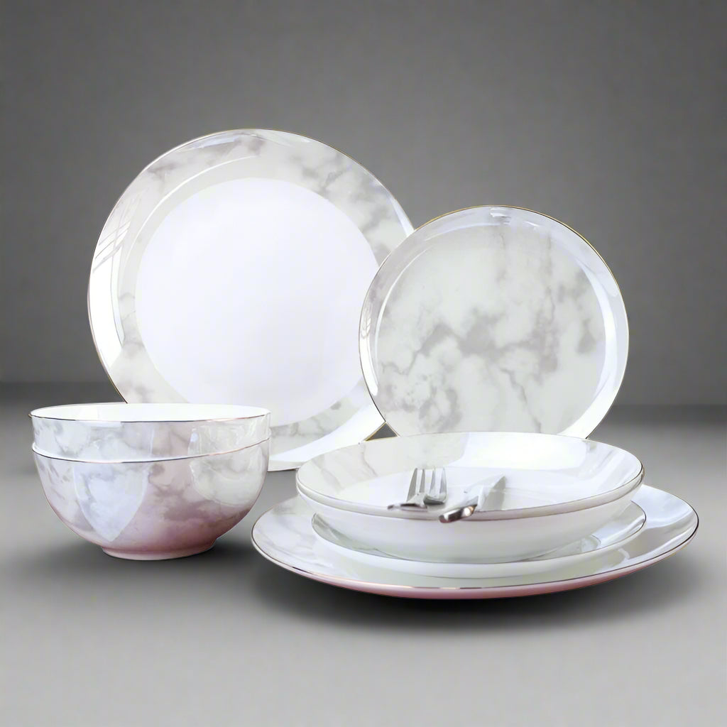 Luxury Carrara Bone China Dinner Set 16 | 24 Piece Dishwasher & Microwave Safe | Gift