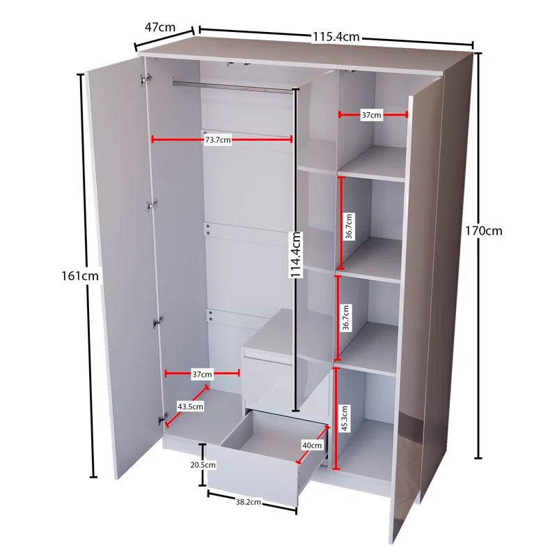 Oslo 3 Door 2 Drawer High Gloss Wardrobe, (FSC 100%) Bedroom Home Clothing Storage Furniture