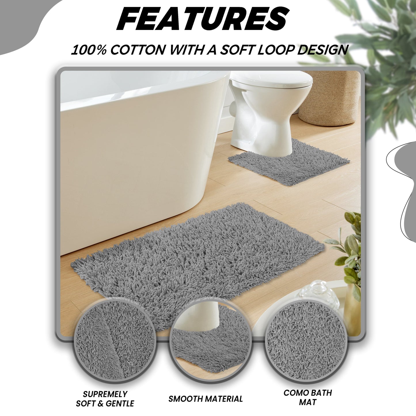 Como Grey Bath Mat & Pedestal Set | 2 Piece Non-Slip Super Absorbent