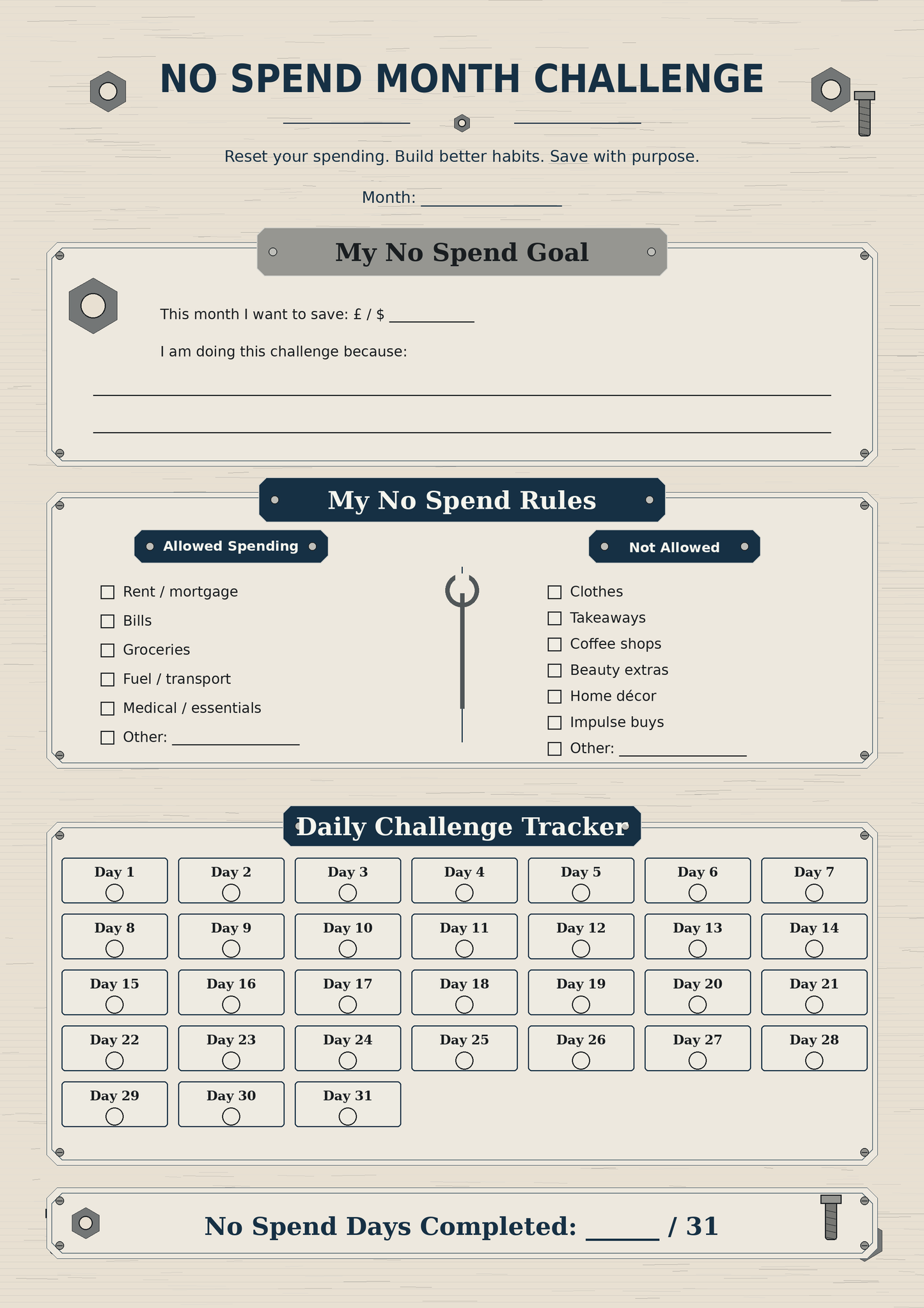 Industrial Design No Spend Challenge Tracker Printable, Workshop Budget Planner, 31 Day Money Saving Challenge PDF, No Spend Month