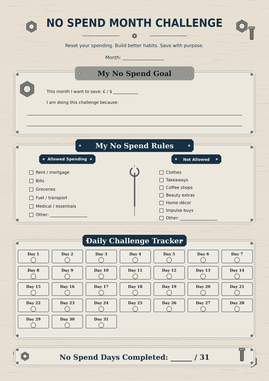Industrial Design No Spend Challenge Tracker Printable, Workshop Budget Planner, 31 Day Money Saving Challenge PDF, No Spend Month