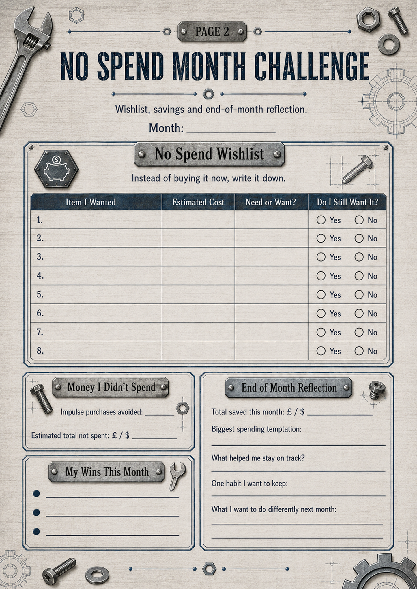 Industrial Design No Spend Challenge Tracker Printable, Workshop Budget Planner, 31 Day Money Saving Challenge PDF, No Spend Month