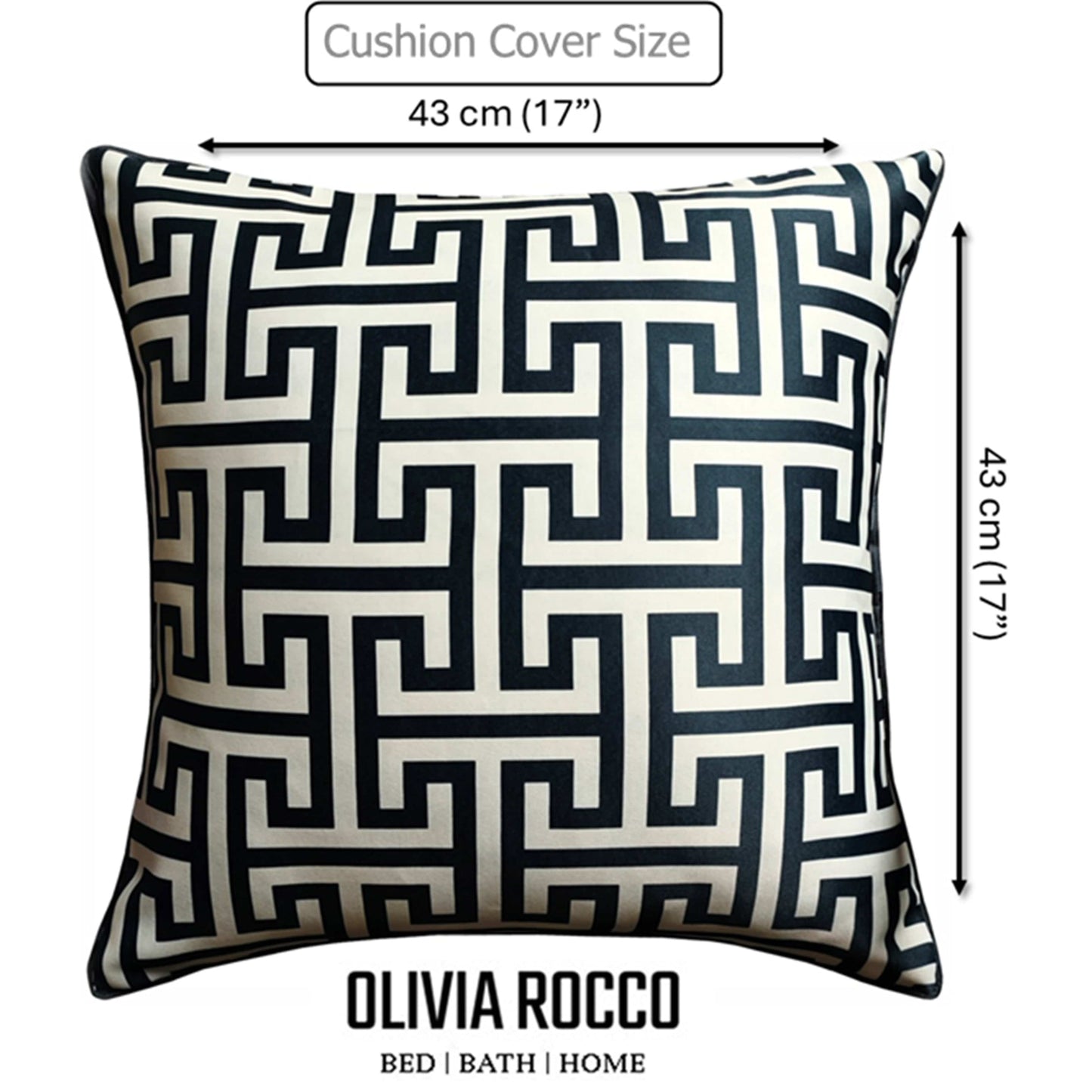 Cushion cover with geometric pattern and size measurement labeled, featuring the brand 'Olivia Rocco'.Decorative pillows with geometric patterns and Olivia Rocco branding on a white background | Extraordinary Emporium UK