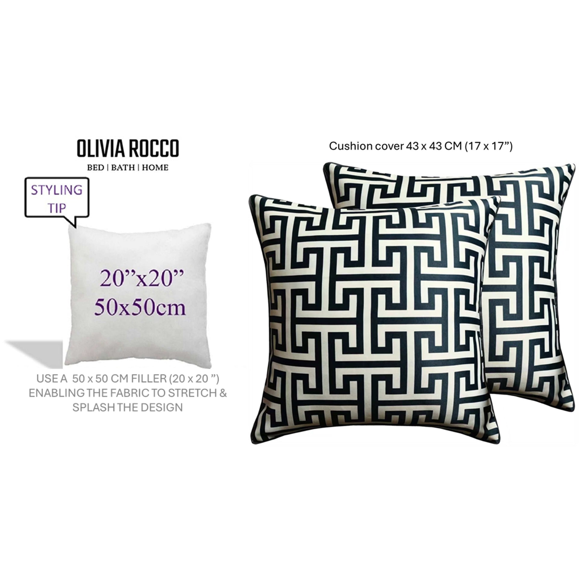 Olivia Rocco cushion cover with geometric pattern Decorative pillows with geometric patterns and Olivia Rocco branding on a white background | Extraordinary Emporium UK