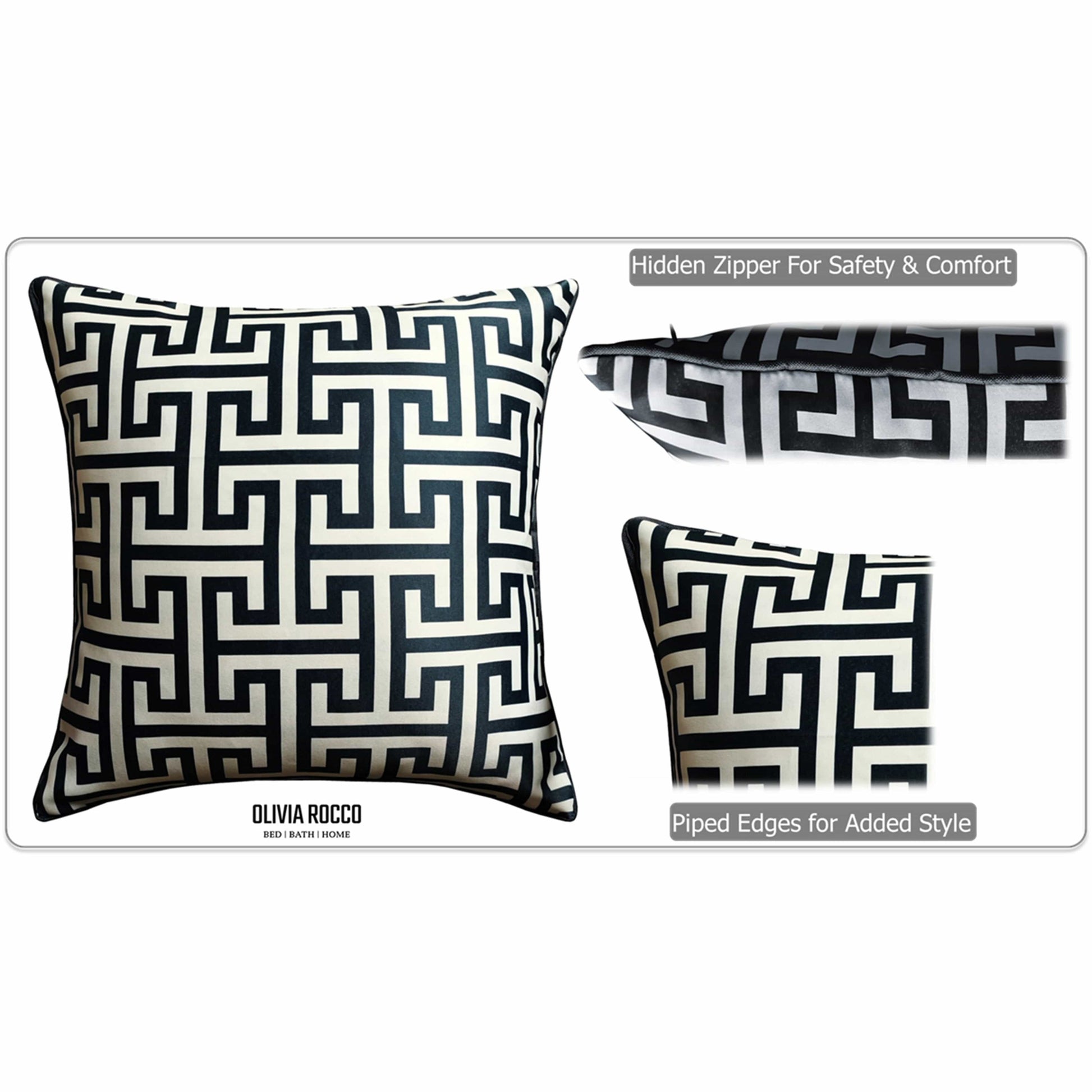 Black and white patterned pillow with visible brand name on a white background Decorative pillows with geometric patterns and Olivia Rocco branding on a white background | Extraordinary Emporium UK