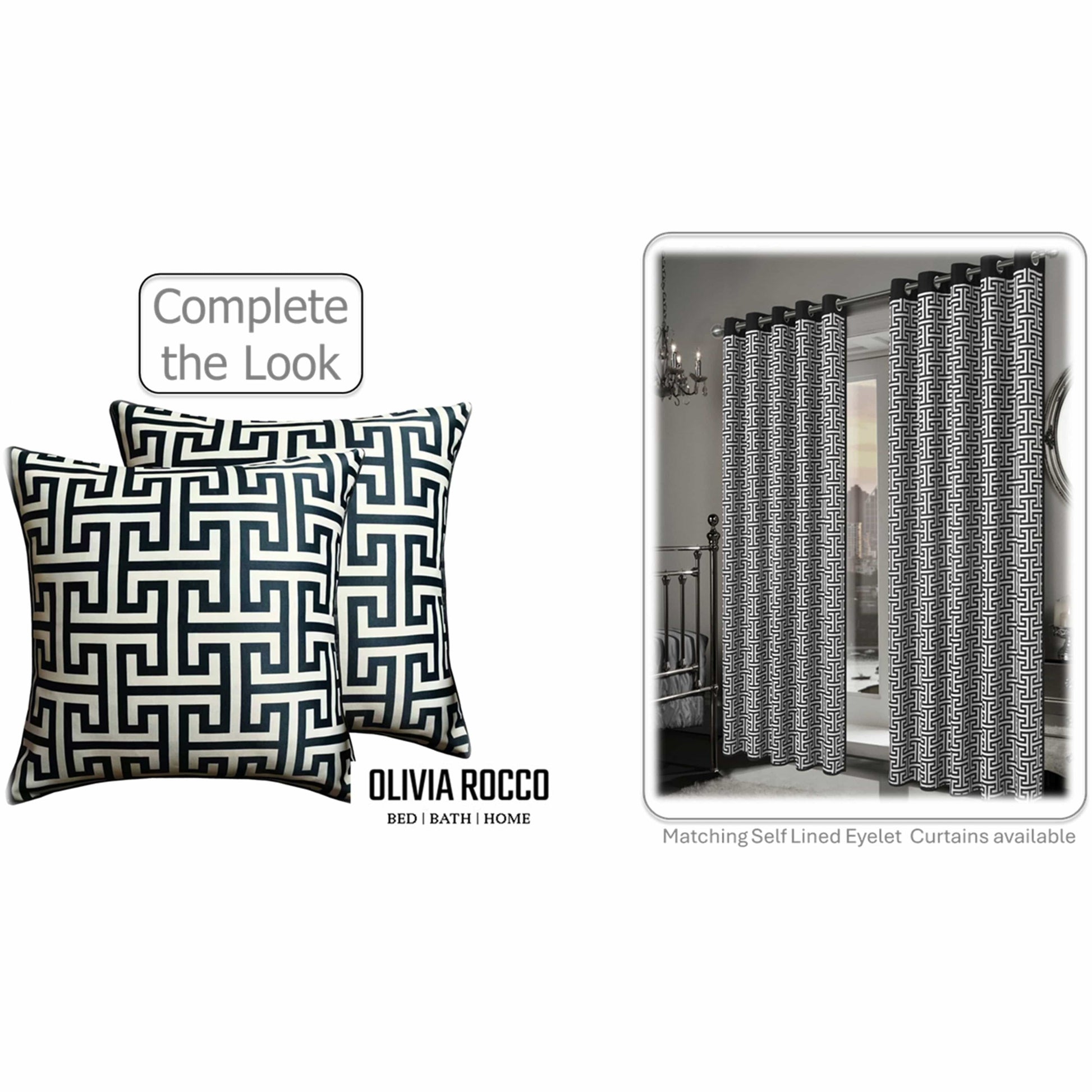 Black and white patterned pillows and curtains with Olivia Rocco branding.Decorative pillows with geometric patterns and Olivia Rocco branding on a white background | Extraordinary Emporium UK