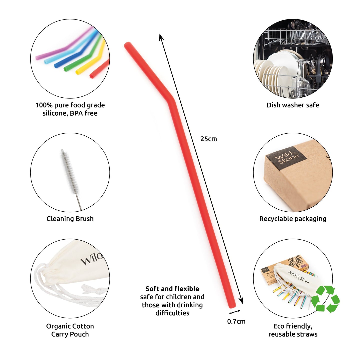 Eco Choice Reusable Silicone Drinking Straws - 6 Pack