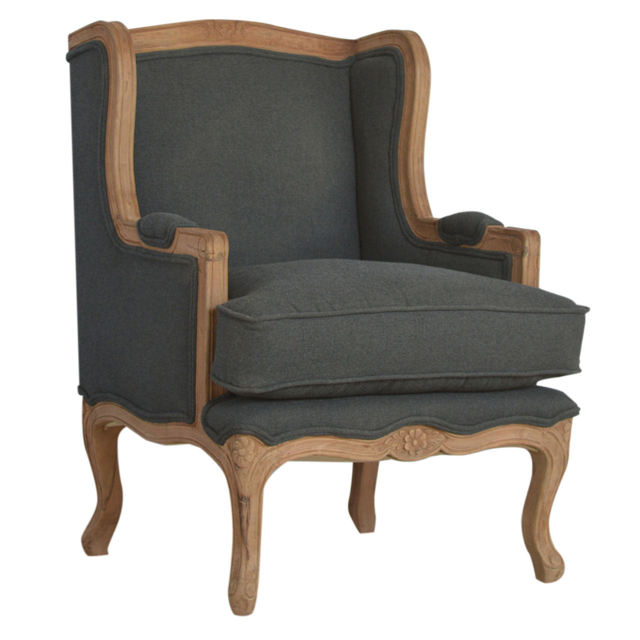 French Style Arm Chair |100% Ink Linen | Hand Carved | Made to Order