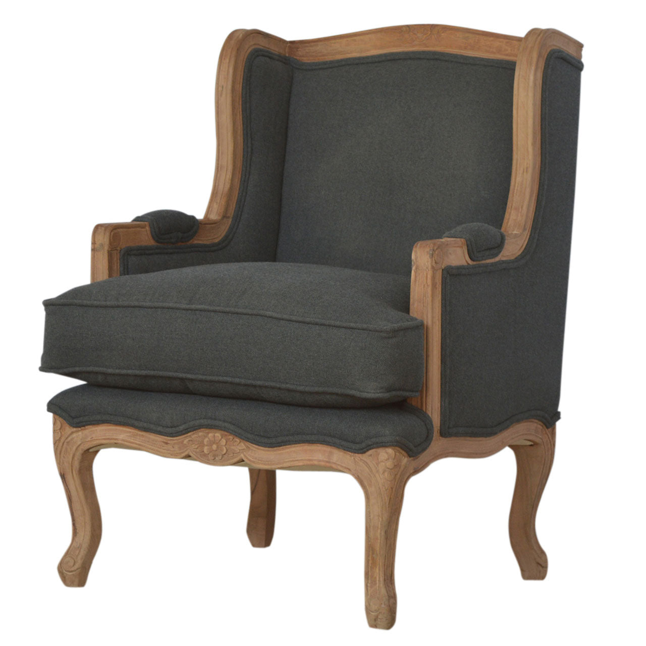 French Style Arm Chair |100% Ink Linen | Hand Carved | Made to Order