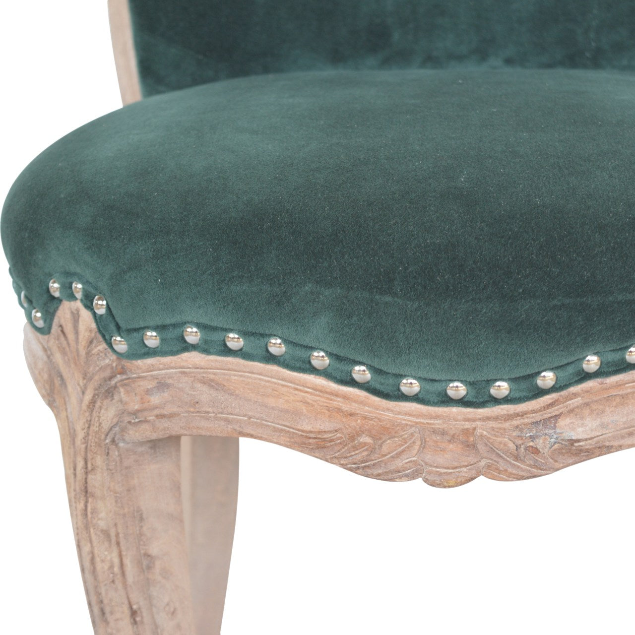 Upholstered Chair | Emerald Green Velvet | Studded Hand Carved