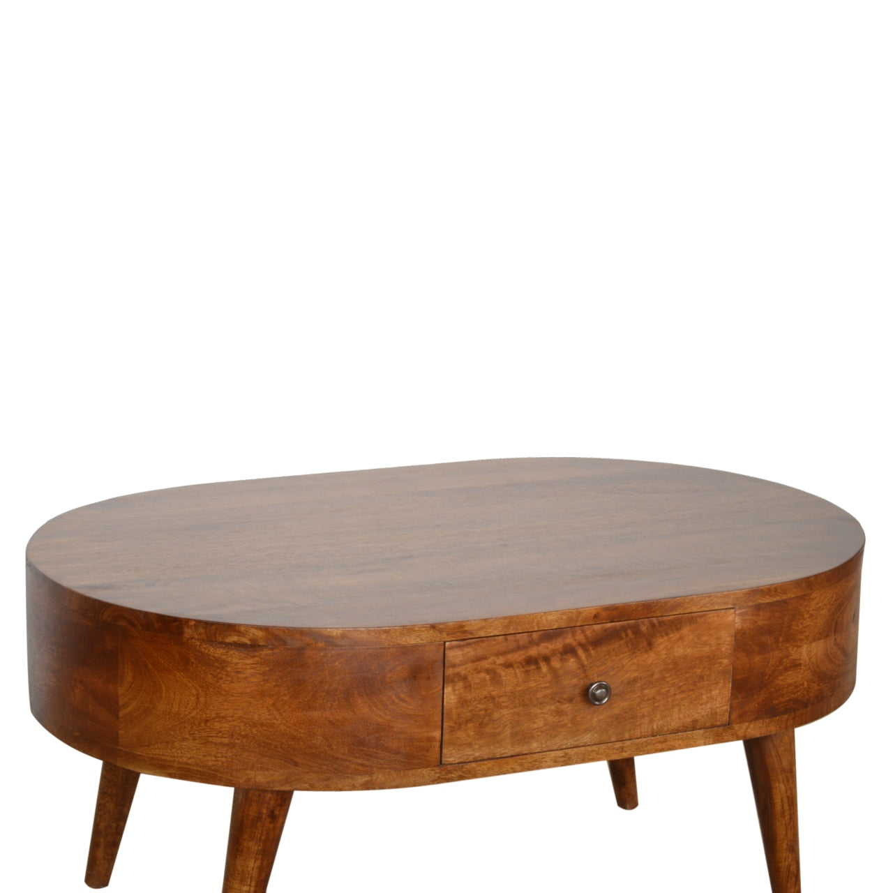 Coffee Table Rounded Finish Storage Drawer Chestnut Finish Sustainable Wood Hand Crafted