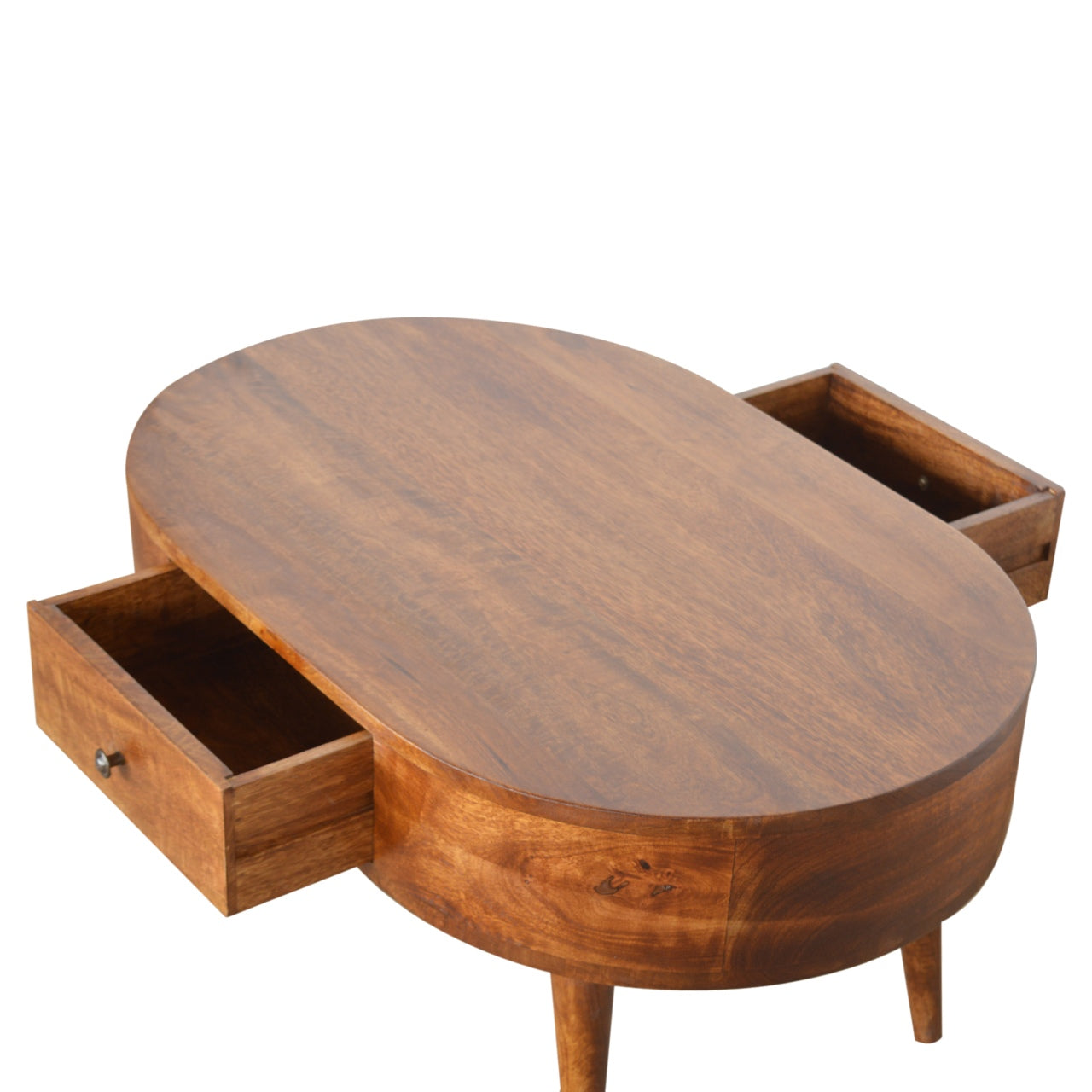 Coffee Table Rounded Finish Storage Drawer Chestnut Finish Sustainable Wood Hand Crafted