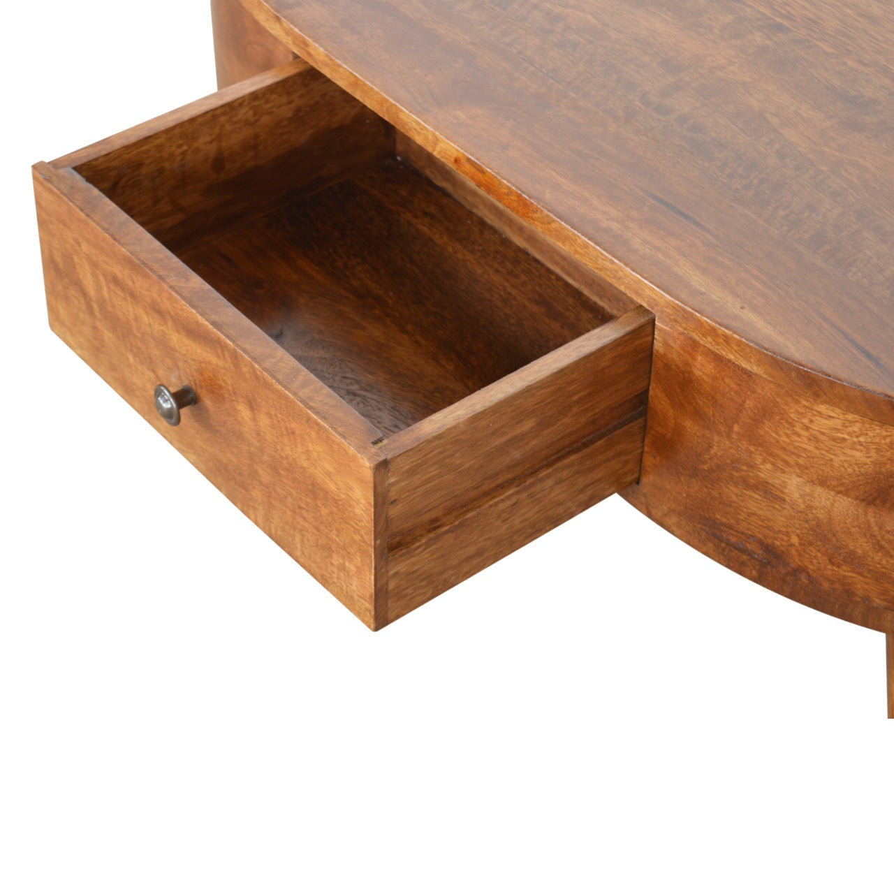 Coffee Table Rounded Finish Storage Drawer Chestnut Finish Sustainable Wood Hand Crafted