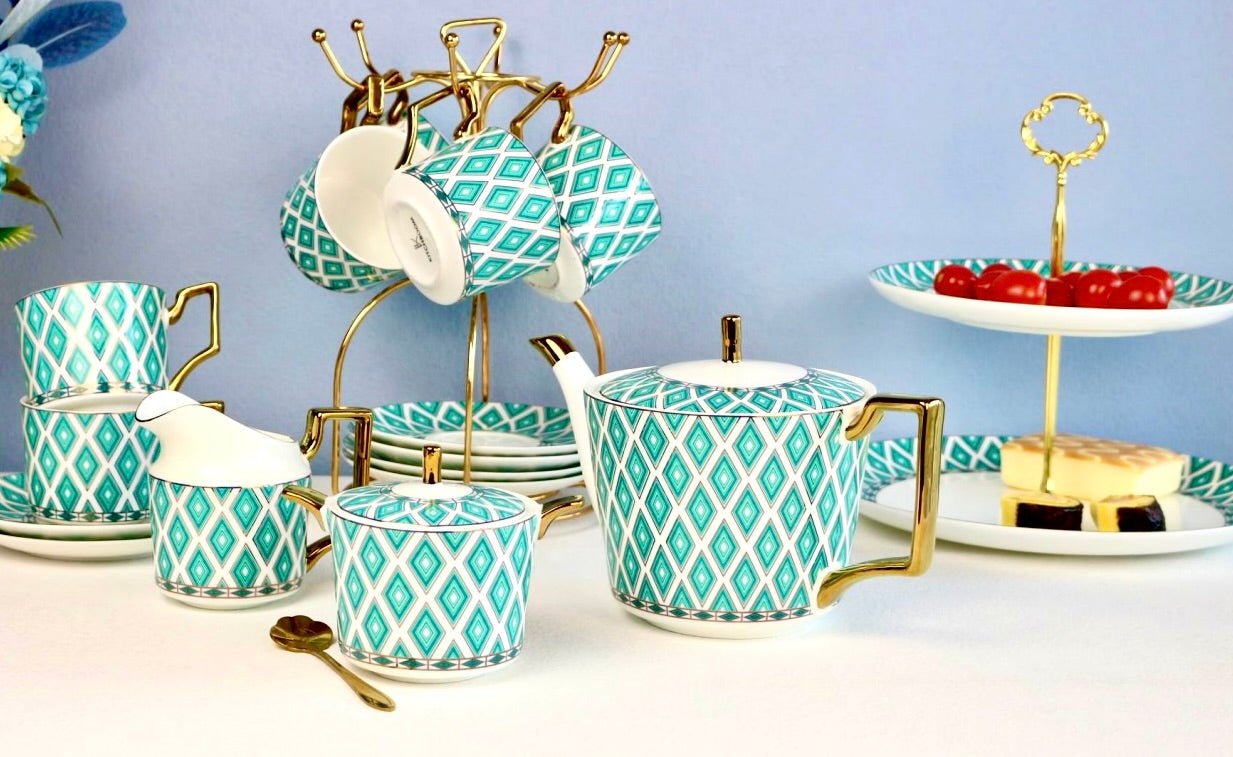 Edwardian Emerald Bone China Tea Set | 24k Gold Finish