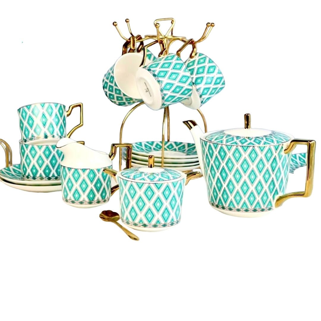 Edwardian Emerald Bone China Tea Set | 24k Gold Finish