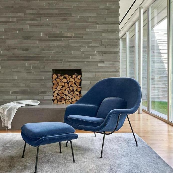 Womb Lounge Chair and Footstool in Velvet or Linen